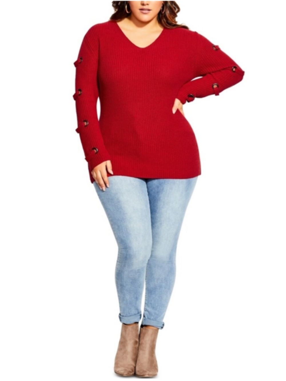 City Chic Sweater Women’s Plus XS 14 Red Pullover V-Neck Grommet Sleeve Holiday
